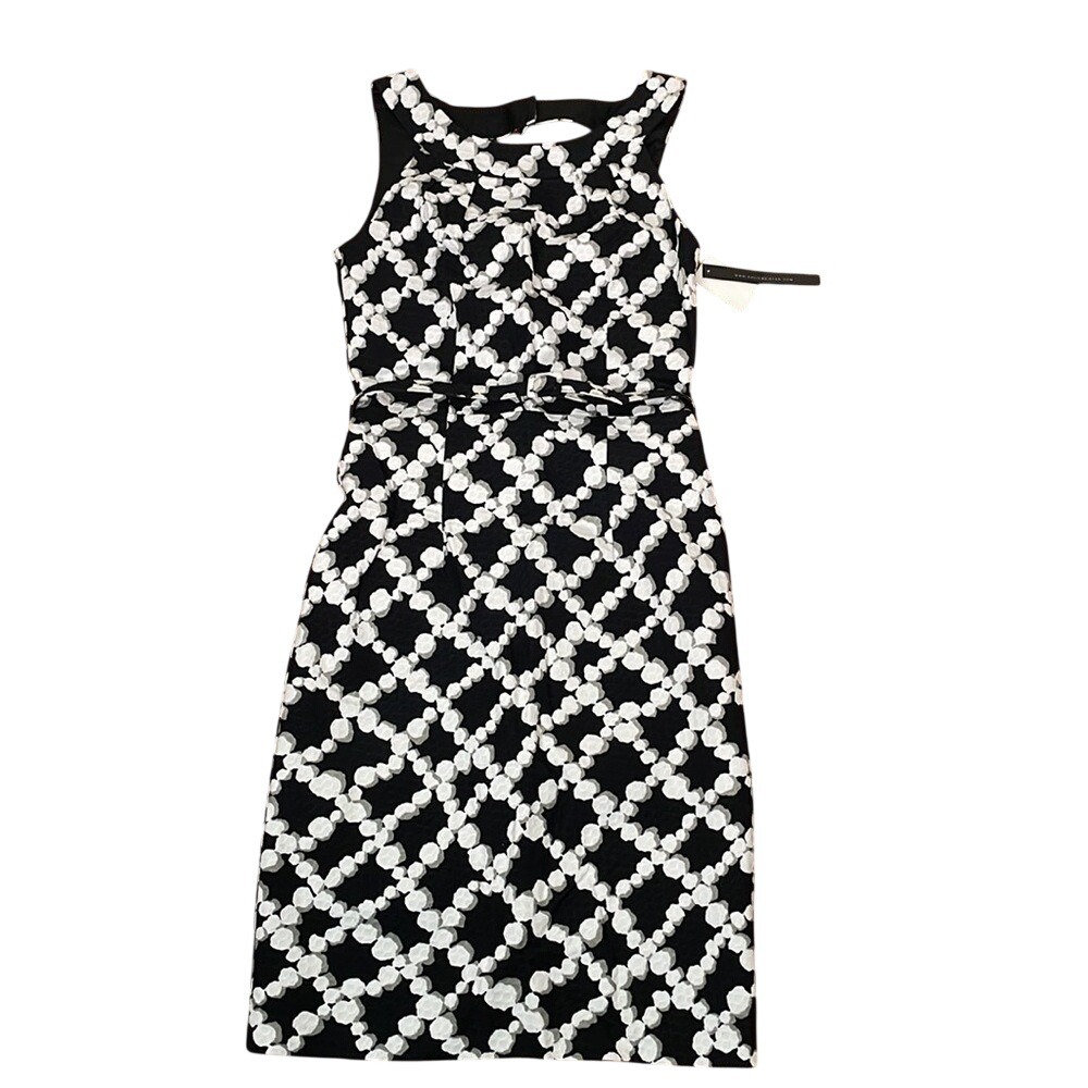 David Meister Black White Geometric Pattern Sleeveless Sheath Dress Size 2
